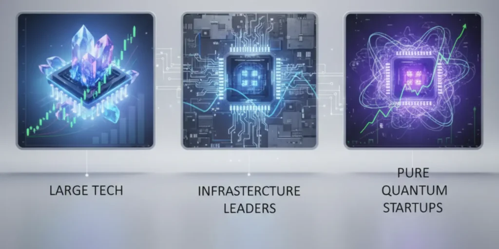 Quantum Stocks concept image showing quantum computing technology with stock market charts, data streams, and long-term investment symbols