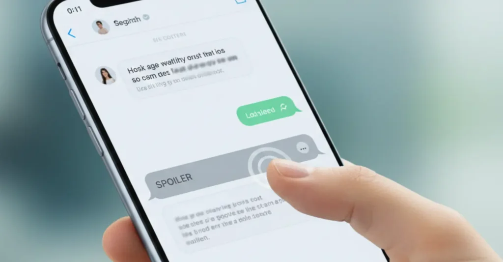 Smartphone showing WhatsApp chat with hidden spoiler text covered by a grey bar awaiting tap to reveal.