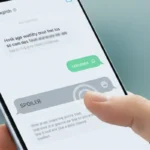 Smartphone showing WhatsApp chat with hidden spoiler text covered by a grey bar awaiting tap to reveal.