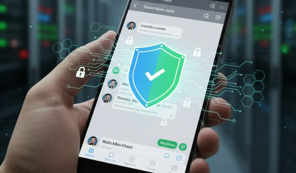 WhatsApp logo on a smartphone screen with a digital security shield overlay, symbolizing account protection and enhanced privacy