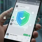 WhatsApp logo on a smartphone screen with a digital security shield overlay, symbolizing account protection and enhanced privacy