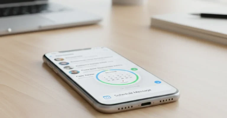 WhatsApp scheduled messages feature displayed on an iPhone screen with a date and time selection option in chat settings.