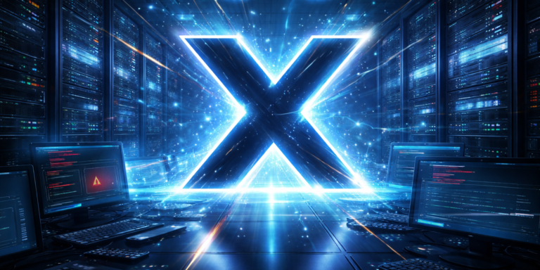 Futuristic server room with glowing X symbol representing X outage recovery