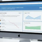 Marketing analytics screen showing AI search summary and declining traffic trends representing zero-click search impact.