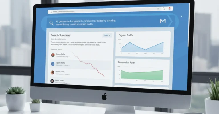 Marketing analytics screen showing AI search summary and declining traffic trends representing zero-click search impact.