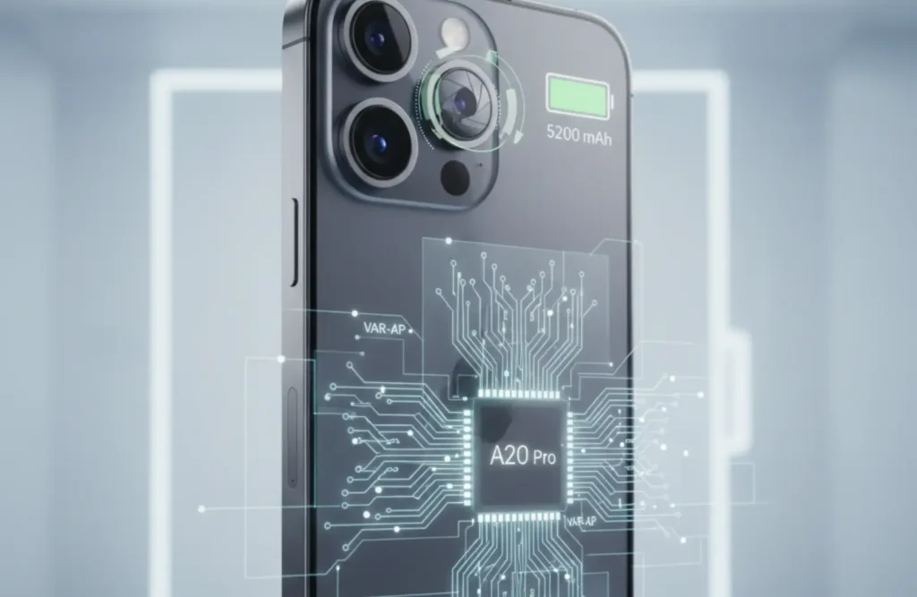 Apple iPhone 18 Pro Max showing large battery, A20 Pro chip, enhanced camera, and sleek modern design