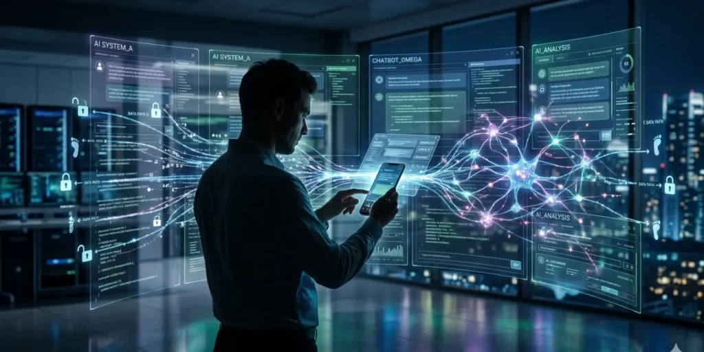 User interacting with AI chatbots as data flows into digital networks, representing rising concerns about privacy and data collection