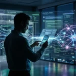 User interacting with AI chatbots as data flows into digital networks, representing rising concerns about privacy and data collection