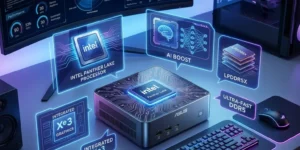 ASUS NUC 16 Pro Panther Lake mini PC with Intel Core Ultra processor, Arc graphics, and LPDDR5X memory in a compact desktop system.