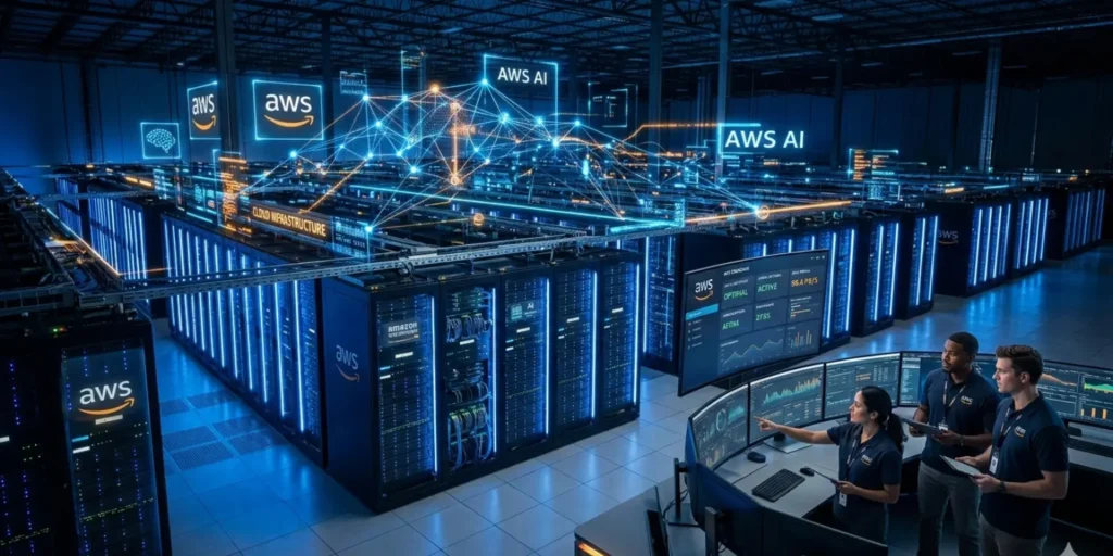 “AWS cloud data center powering AI growth and future $600 billion revenue potential.”