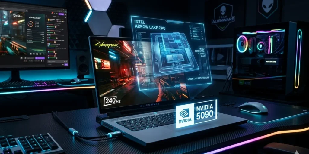 “Alienware 2026 gaming laptop with OLED screen, Intel Arrow Lake CPU, and Nvidia RTX 50-series GPU.”
