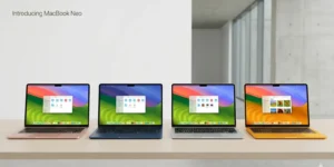 Apple MacBook Neo laptop in blush, indigo, silver, and citrus colors with 13-inch display and slim aluminum design.