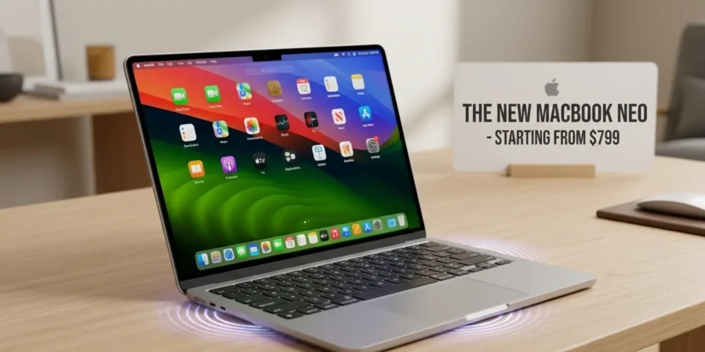 Apple MacBook Neo laptop powered by A18 Pro chip delivering benchmark performance comparable to M1 Mac models at a $599 price point.