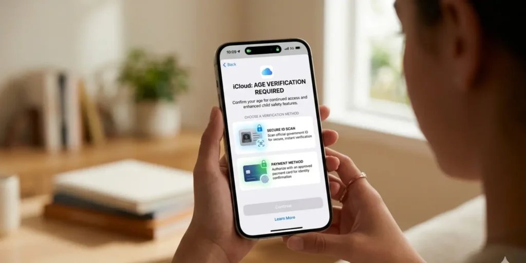 iPhone showing Apple iCloud age verification screen with ID and payment method options for secure child protection in the UK.