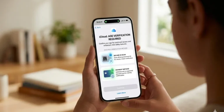 iPhone showing Apple iCloud age verification screen with ID and payment method options for secure child protection in the UK.