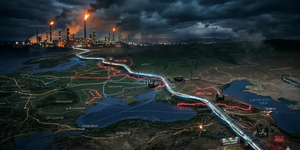 “BTC pipeline transporting Caspian oil to Europe amid Gulf tensions and supply disruptions.”