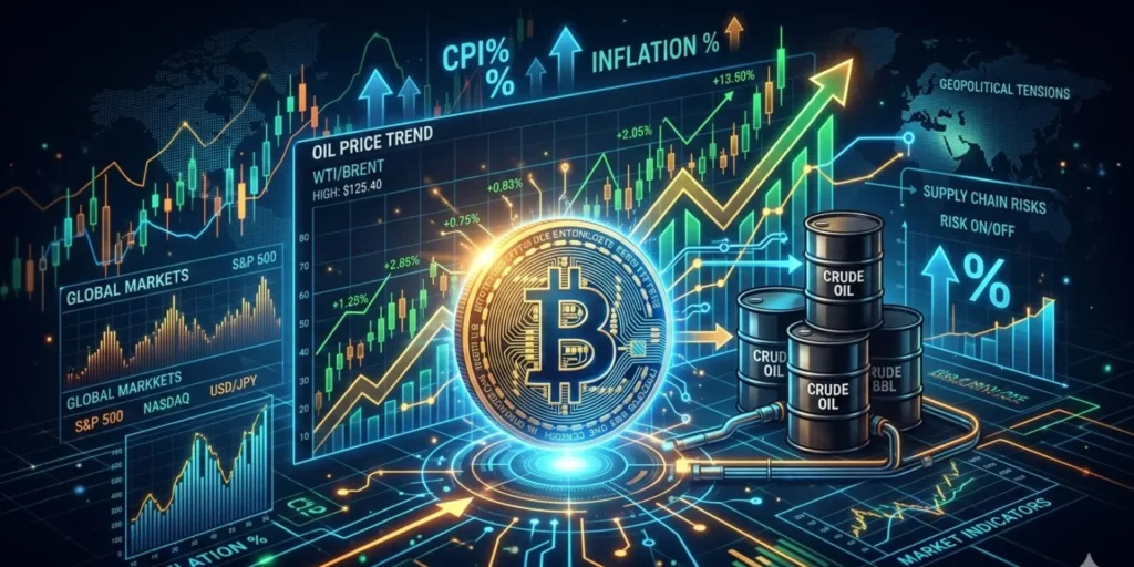 Bitcoin price near $67K affected by rising oil prices, inflation concerns, and geopolitical tensions impacting global markets.