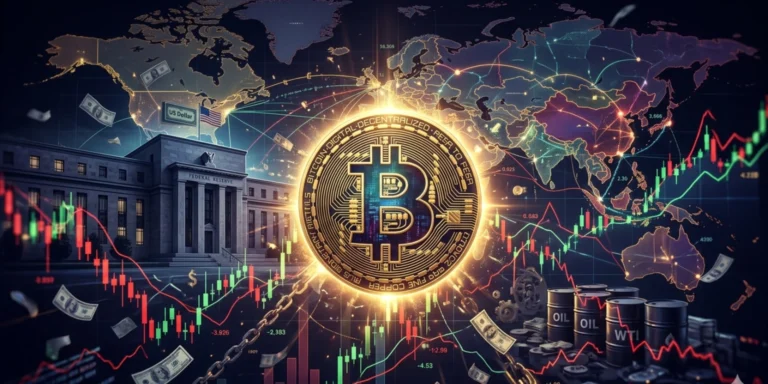 Bitcoin price volatility 2026 with charts, oil prices, and global economic factors influencing crypto market trends