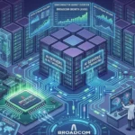 AI semiconductor infrastructure with Broadcom-style chip powering data center servers and networking systems for artificial intelligence computing.