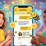 Bumble’s AI dating assistant Bee suggesting matches and date ideas on smartphone screen with modern interface and AI graphics