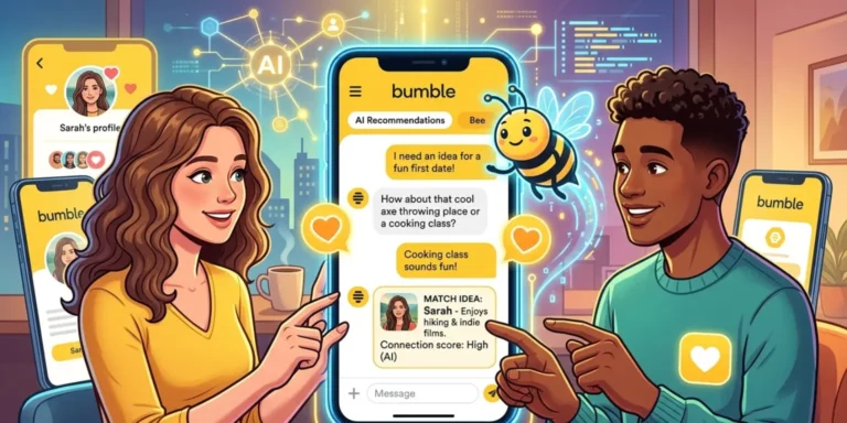 Bumble’s AI dating assistant Bee suggesting matches and date ideas on smartphone screen with modern interface and AI graphics