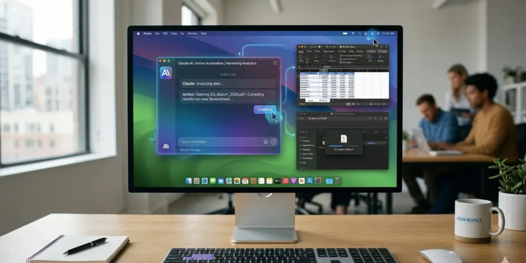 Mac screen showing Claude AI autonomously controlling apps, opening files, and performing tasks with workflow automation.