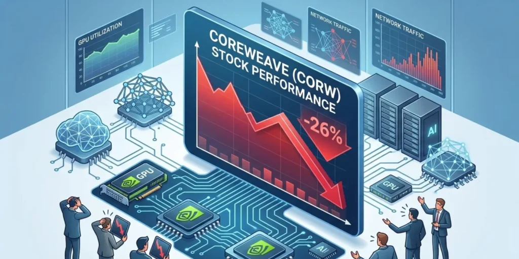CoreWeave stock chart showing a sharp 26% drop, overlaid with AI cloud imagery representing expansion plans and long-term growth potential.