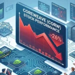 CoreWeave stock chart showing a sharp 26% drop, overlaid with AI cloud imagery representing expansion plans and long-term growth potential.