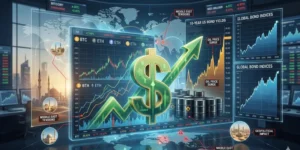 US dollar rising on forex charts as oil prices and bond yields increase during Iran conflict and global market uncertainty.
