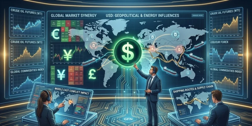 US dollar currency symbol with global forex charts showing movements in euro, yen, and pound as market sentiment improves.