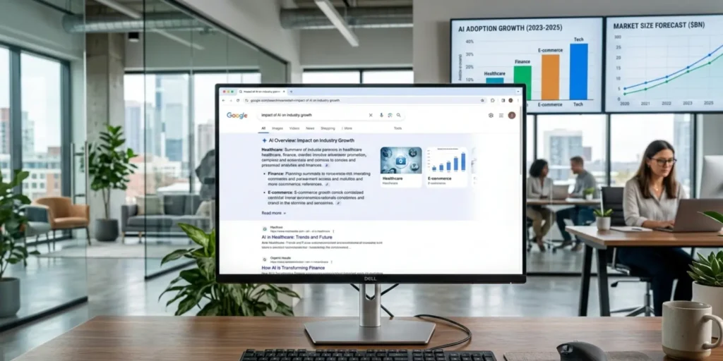 Google AI Overviews dominating search results page, pushing organic listings below the fold across nine major industries.