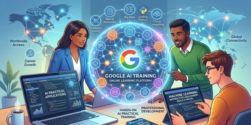 Google AI Professional Certificate online learning interface with professionals working on AI projects, coding, and data analytics.