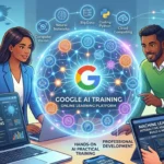 Google AI Professional Certificate online learning interface with professionals working on AI projects, coding, and data analytics.