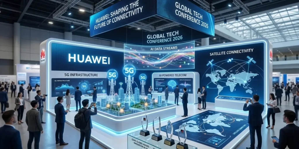 Huawei 5G and AI telecom technologies showcased at Mobile World Congress 2026 after winning eight Global Mobile Awards for innovation.