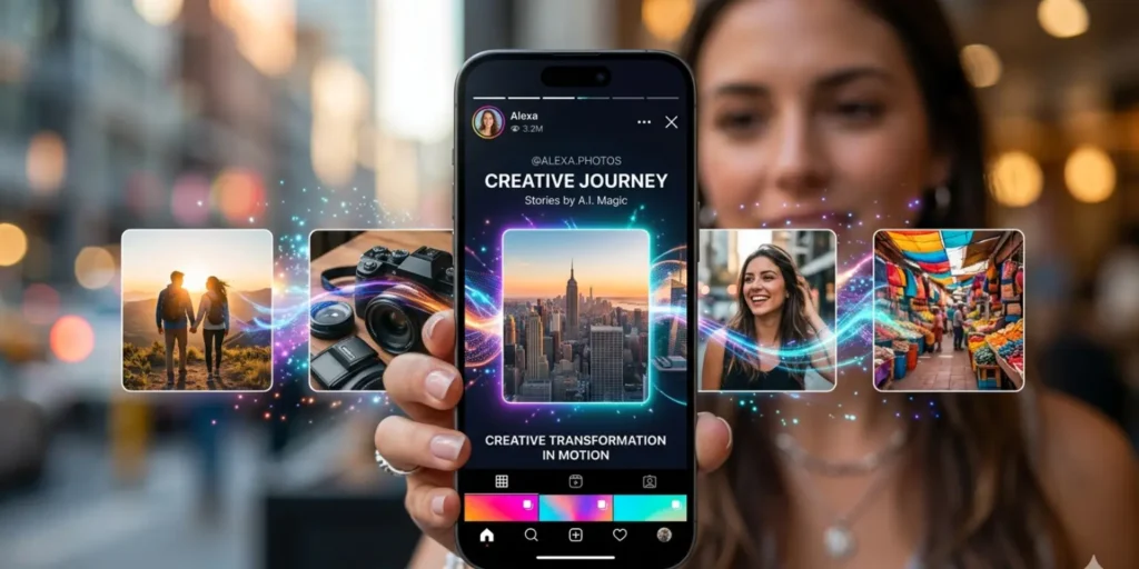 Smartphone displaying Instagram Stories where AI transitions convert photos into fluid, video-like animations.