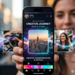Smartphone displaying Instagram Stories where AI transitions convert photos into fluid, video-like animations.