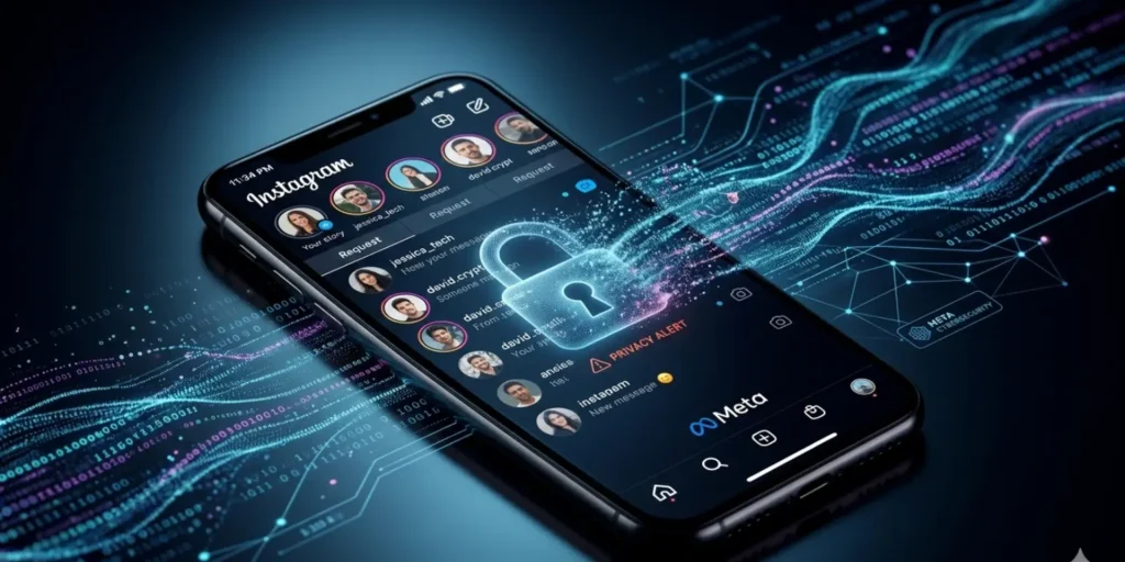 “Instagram DM screen with disappearing encryption lock symbolizing privacy concerns in 2026.”