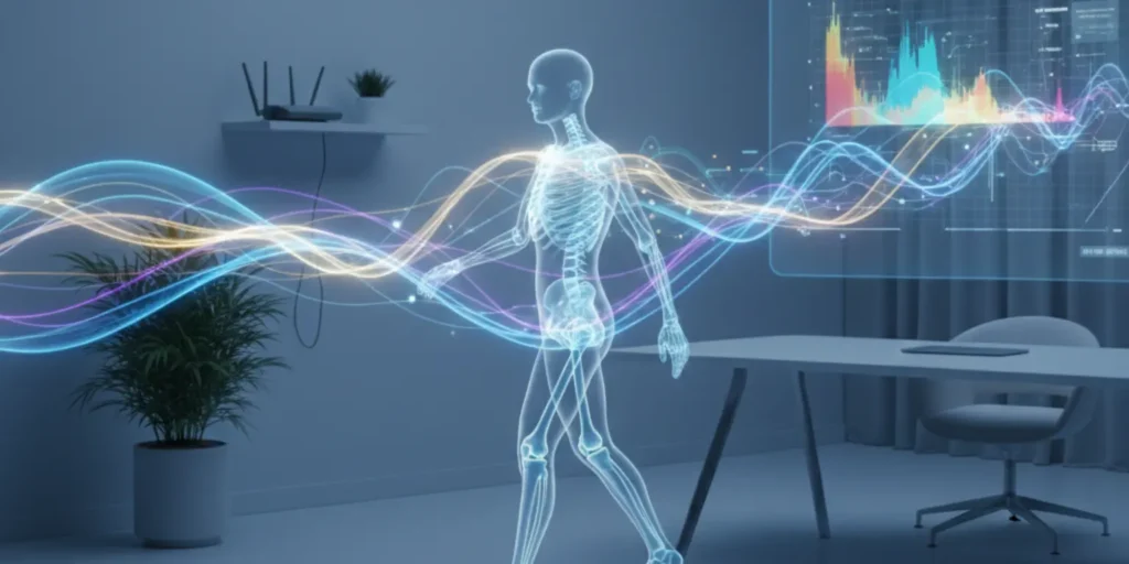 Digital illustration of a person moving indoors with glowing Wi-Fi waves forming a skeletal overlay, demonstrating camera-free motion tracking.