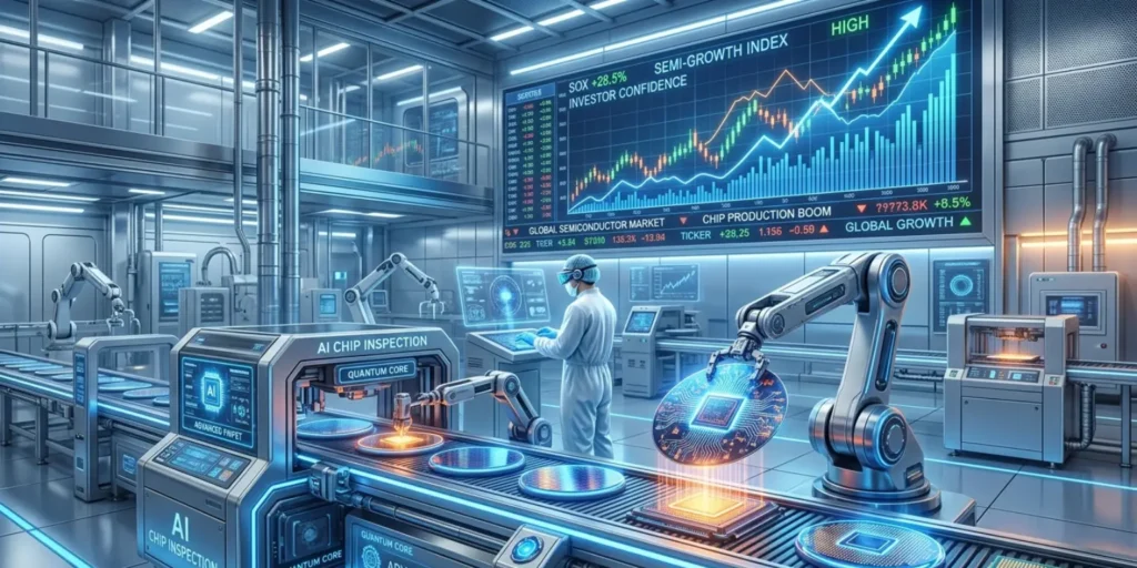 KLA semiconductor equipment and stock market growth illustration showing $7 billion share buyback and AI-driven chip industry expansion.