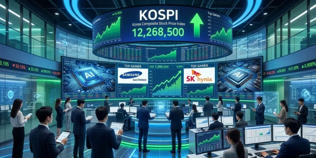 Traders observing KOSPI screens with rising semiconductor stocks and positive market indicators.