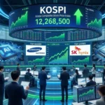 Traders observing KOSPI screens with rising semiconductor stocks and positive market indicators.