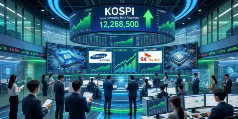 Traders observing KOSPI screens with rising semiconductor stocks and positive market indicators.