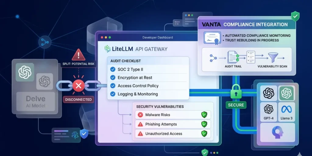 LiteLLM dashboard connected to AI models with a broken link to Delve, malware warning icons, and a secure connection to a new compliance provider, representing security issues and trust rebuilding.