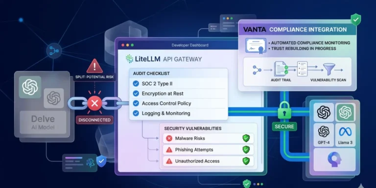 LiteLLM dashboard connected to AI models with a broken link to Delve, malware warning icons, and a secure connection to a new compliance provider, representing security issues and trust rebuilding.