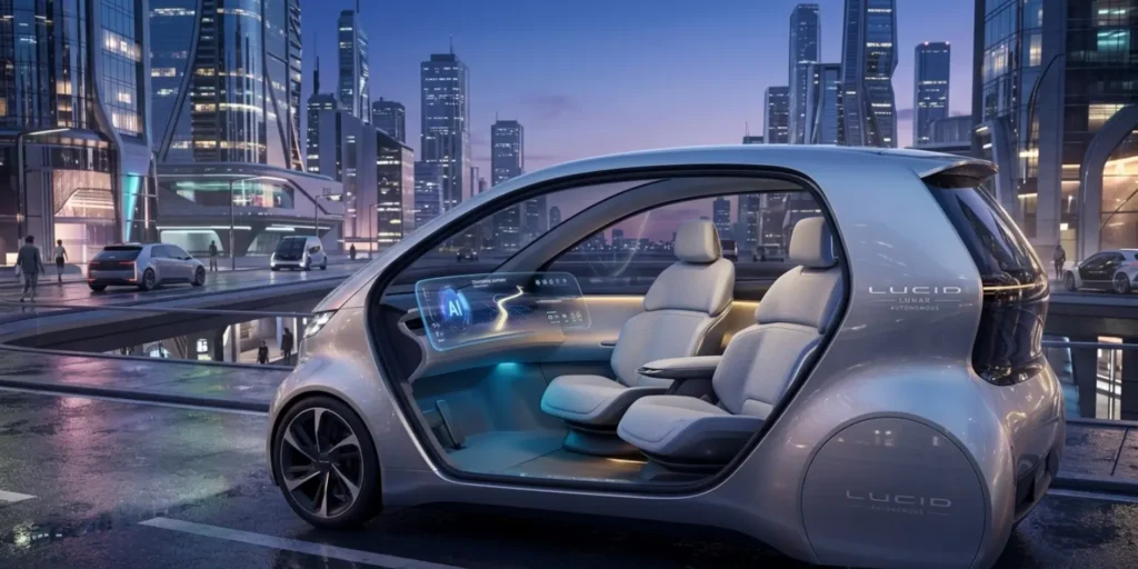 Lucid motors Lunar fully autonomous robotaxi two-seater concept vehicle in a modern city environment with AI dashboard features