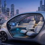 Lucid motors Lunar fully autonomous robotaxi two-seater concept vehicle in a modern city environment with AI dashboard features