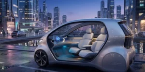 Lucid motors Lunar fully autonomous robotaxi two-seater concept vehicle in a modern city environment with AI dashboard features
