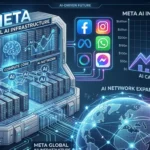 Meta AI data centers and neural network graphics representing $135 billion investment in artificial intelligence infrastructure.