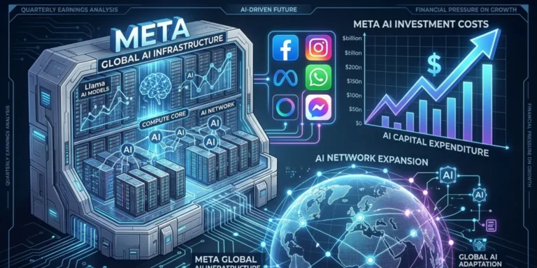 Meta AI data centers and neural network graphics representing $135 billion investment in artificial intelligence infrastructure.