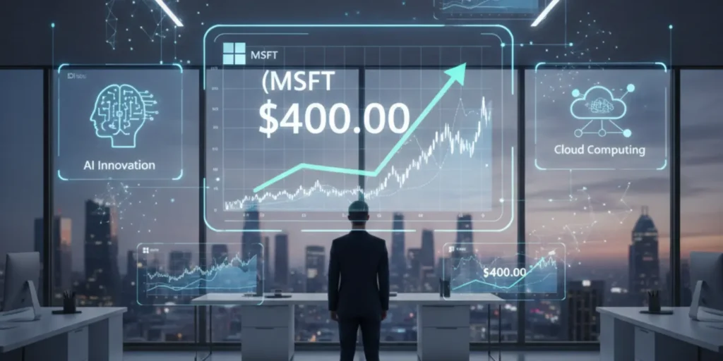Digital illustration showing Microsoft stock charts at $400 with AI and cloud computing icons in a modern office environment.